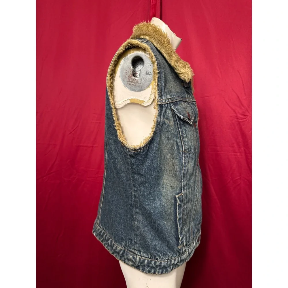 Y2K Gap Vintage 90s Denim Faux Fur Lined Vest Blue Medium